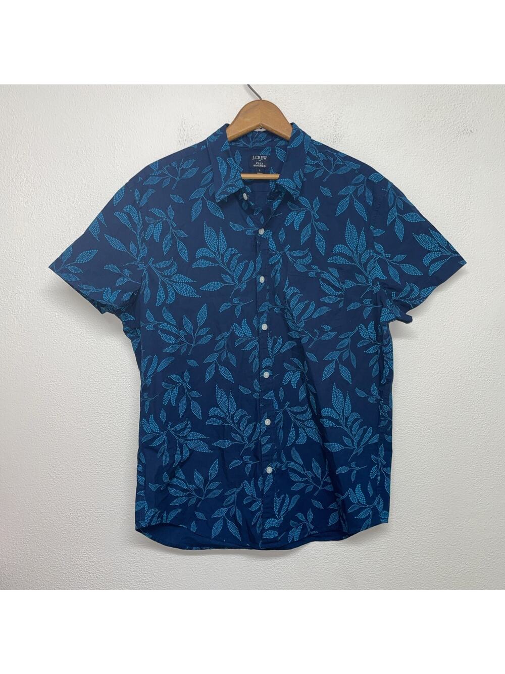 J.CREW Men's Flex Washed Blue Leaf Print Short Sleeve Button Up Shirt Size L